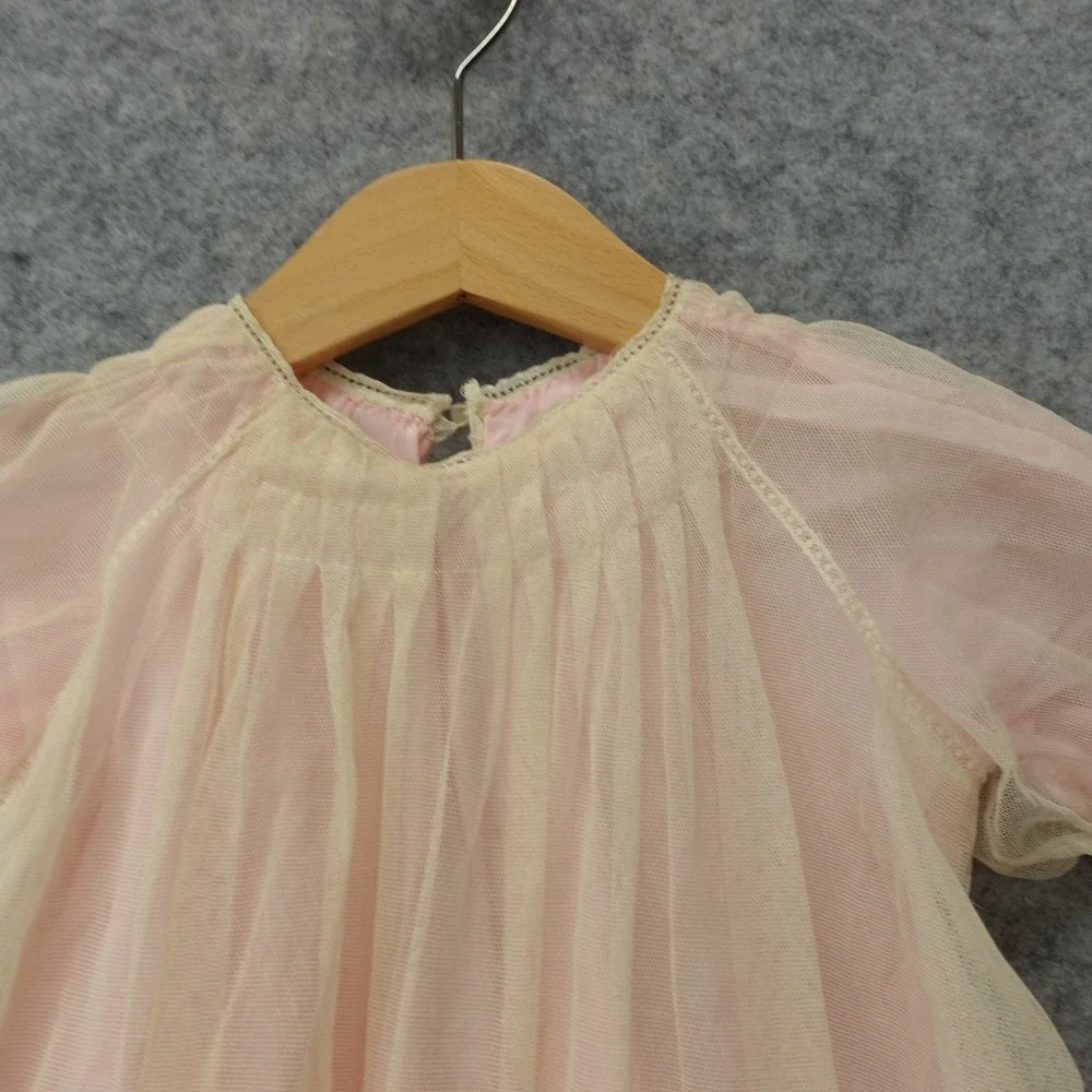 Vintage 50s Victorian Nightgown Dress Baby Girl 18 24M Pink Tulle Lace Heirloom